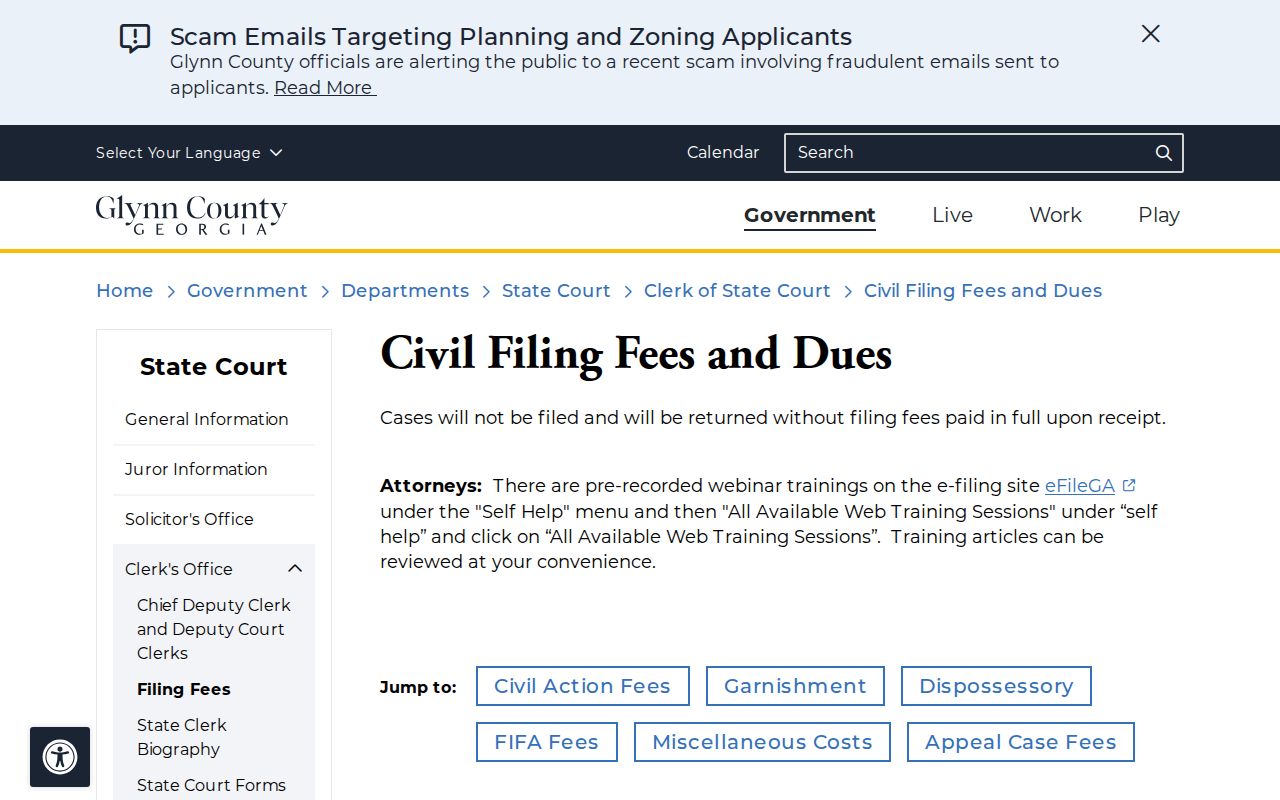 Glynn County civil docket State copy fees