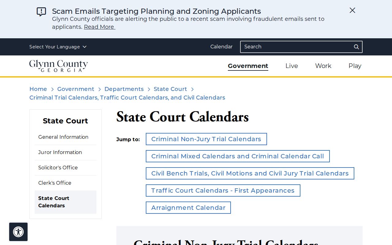 Glynn County court schedule page for State Court calendars