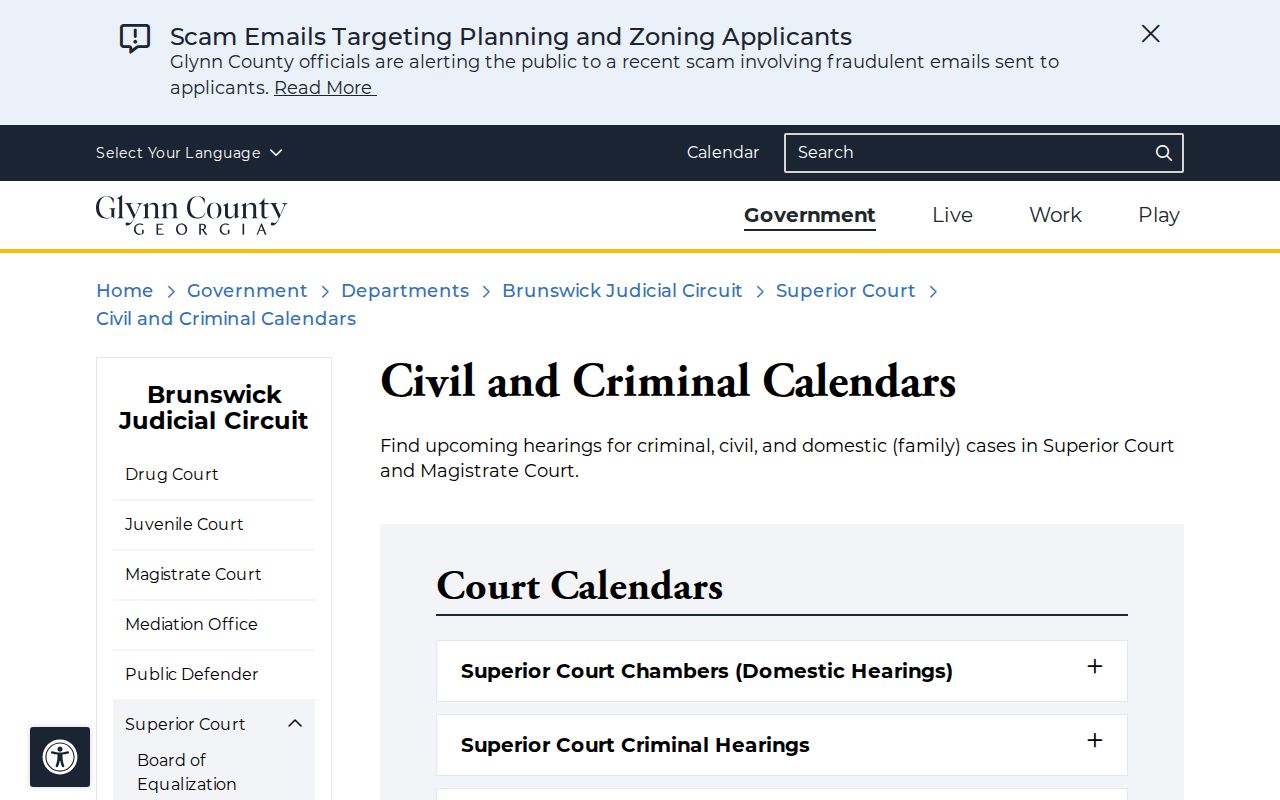 Glynn County court calendar categories for Superior and Magistrate Courts
