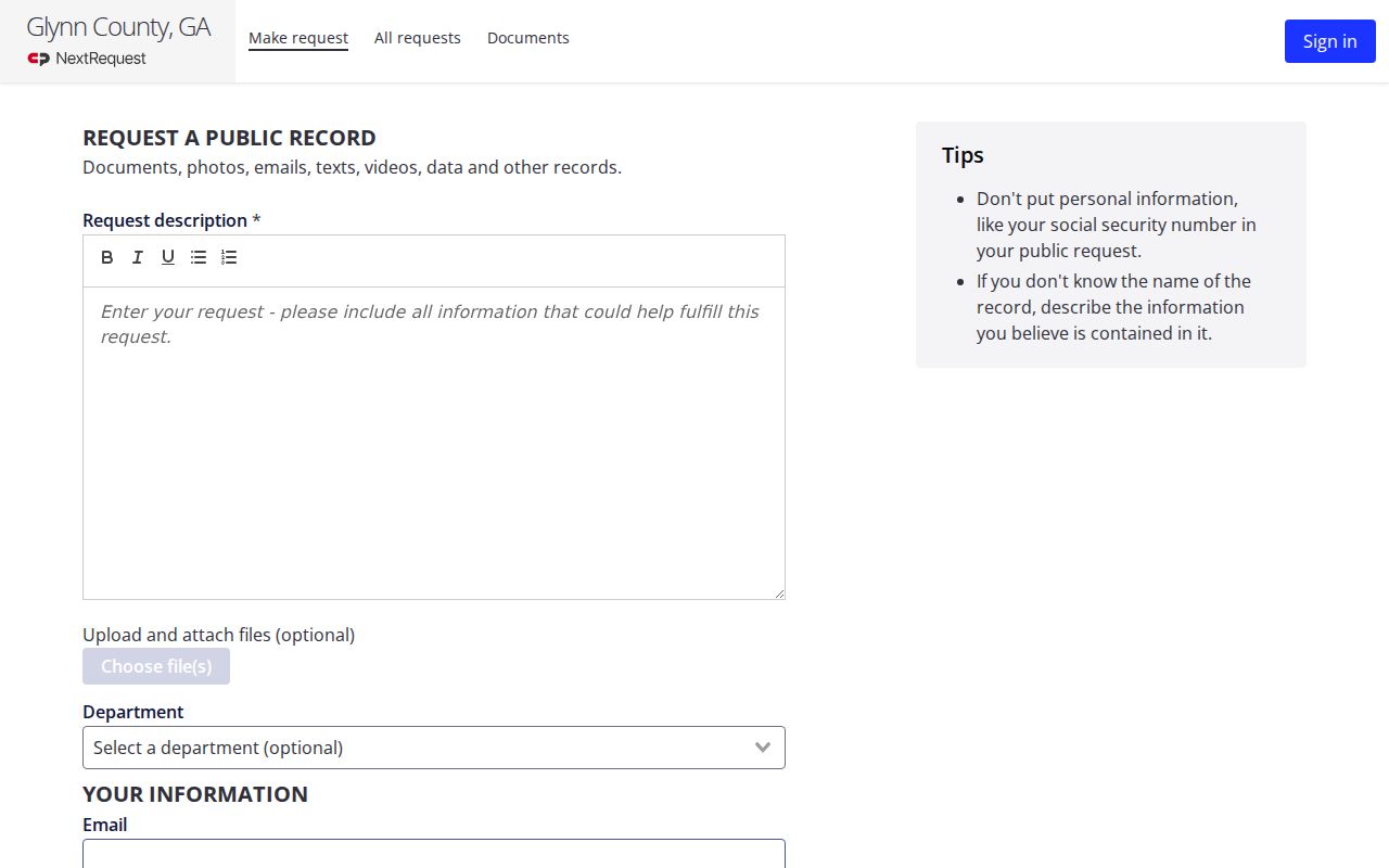Glynn County court records NextRequest intake form