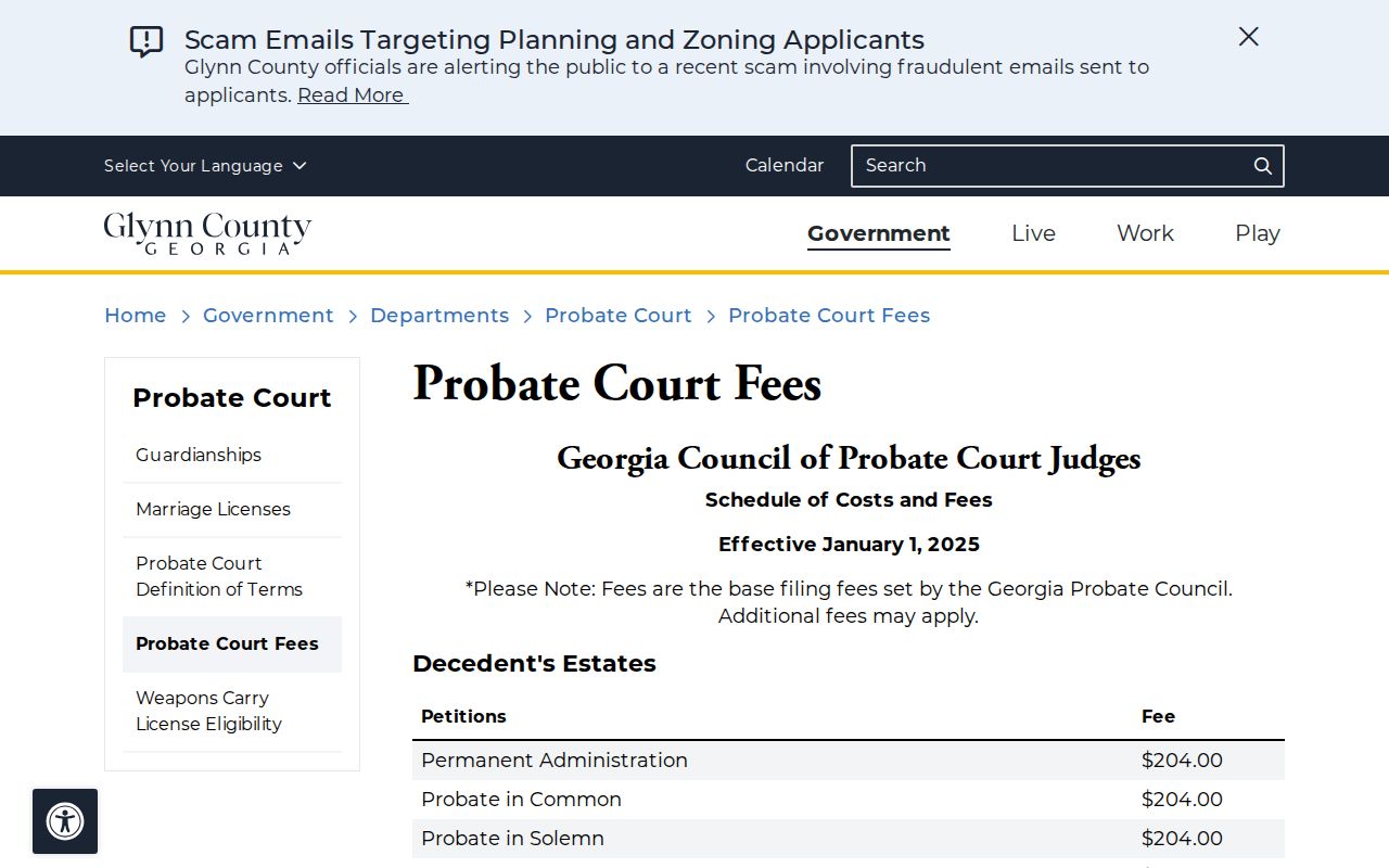 Glynn County Probate Court record fees