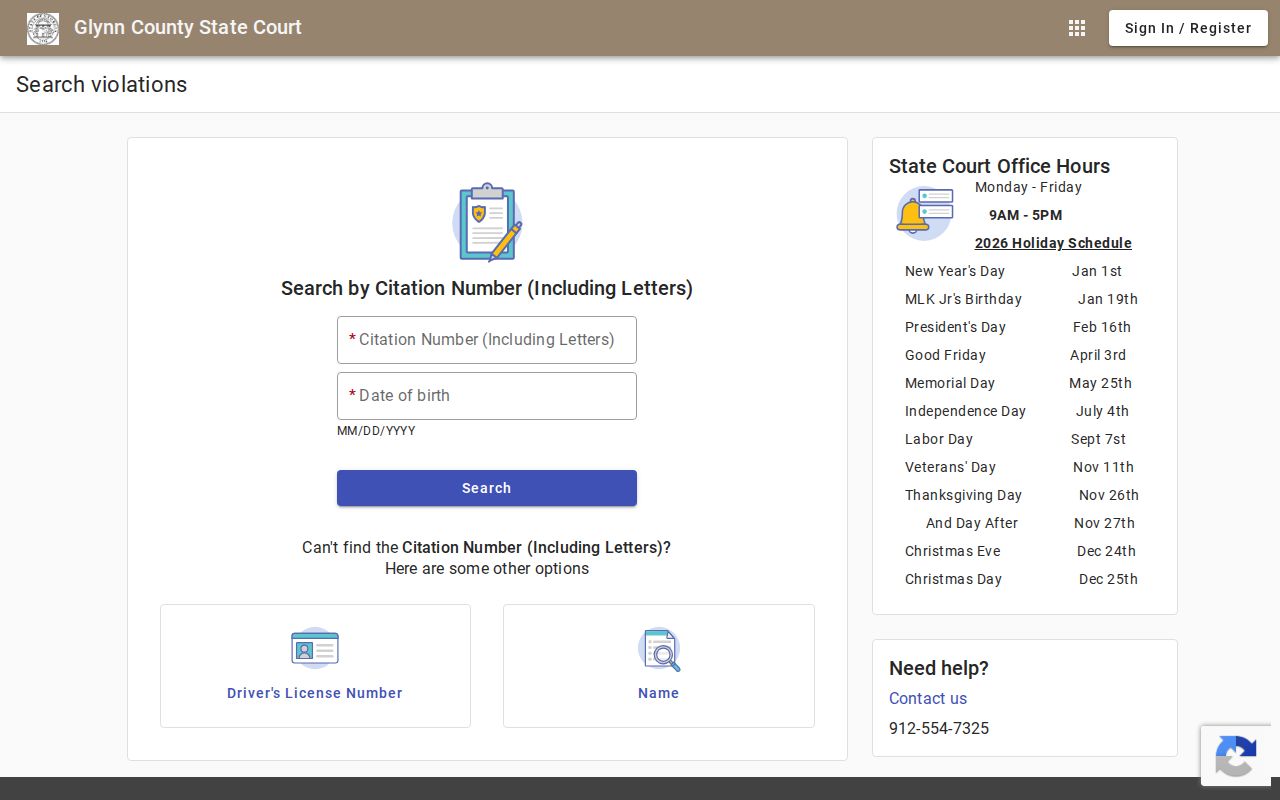 Glynn County traffic ticket portal search tabs