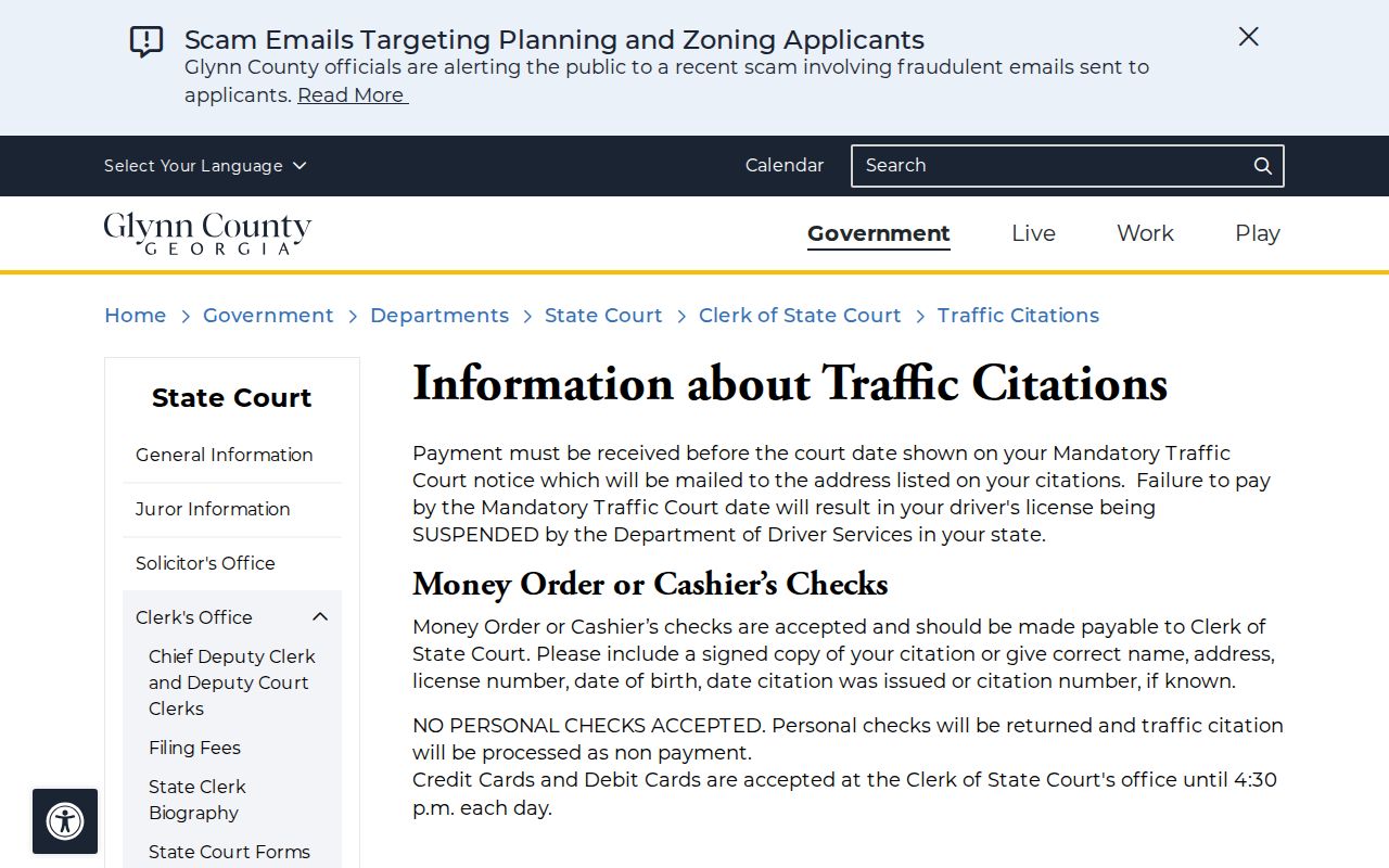 Glynn County traffic court payment and appearance instructions